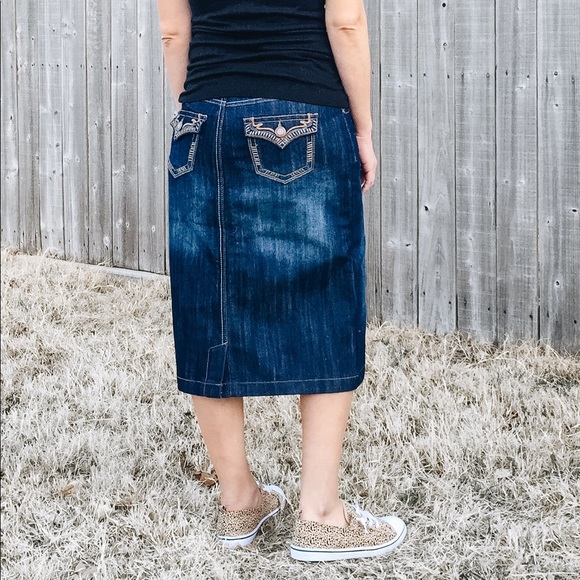 Mid Length Dark Denim Skirt - Picture 3 of 3